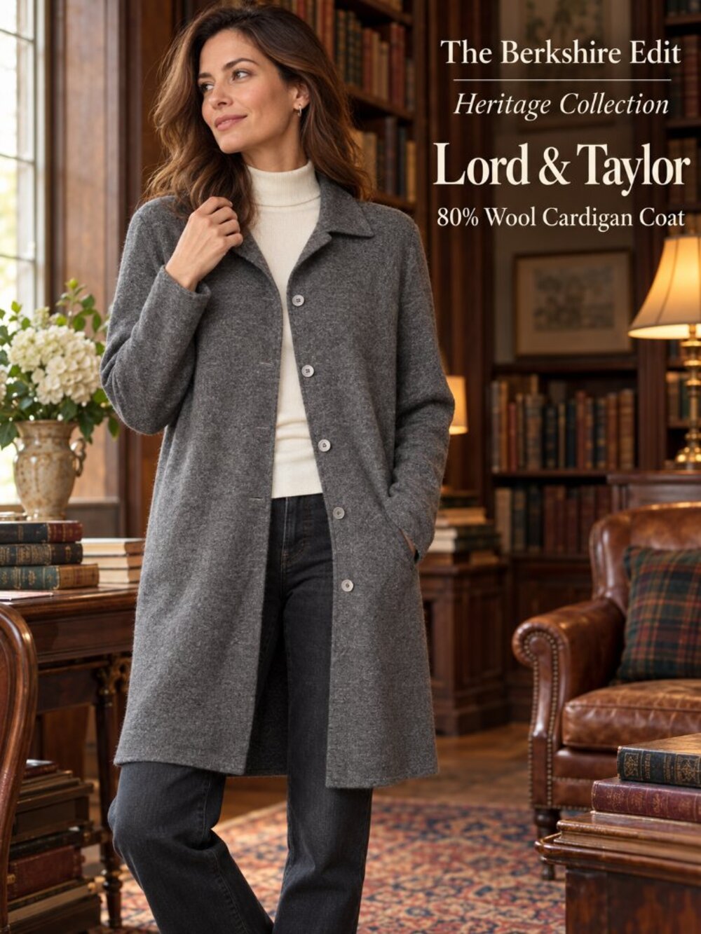 Lord & Taylor 80% Wool Long Cardigan Coatigan Charcoal Gray L